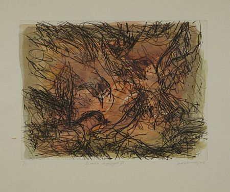Click the image for a view of: David Koloane. Birds in Flight IV. 2009. Hand coloured drypoint. 432X517mm